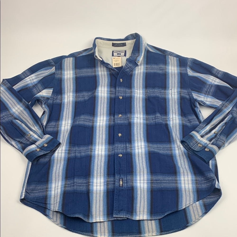 Vintage Lee Blue white Plaid Men's button down Shirt Cotton Size Large New NWT